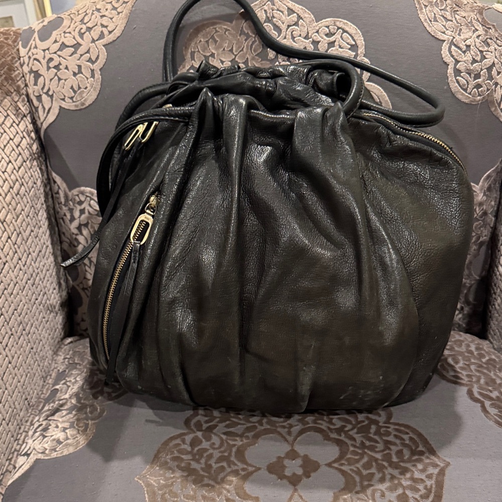 HOBO Black Leather Drawstring Shoulder Bag with Gold Hardware